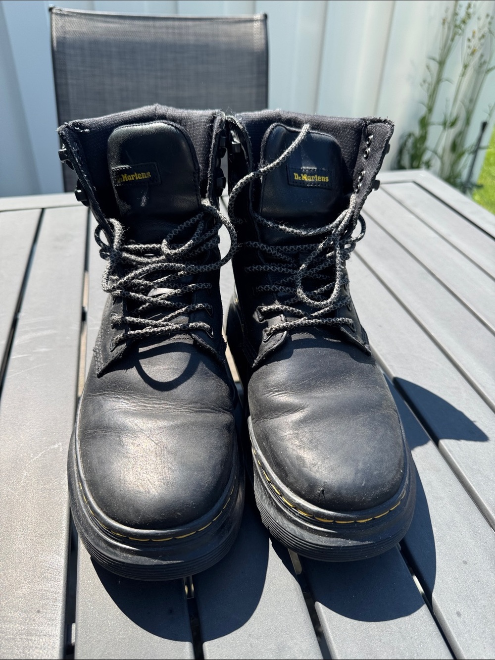 Dr. Martens Black Leather Lace-Up Work Boots with Yellow Welt Stitching